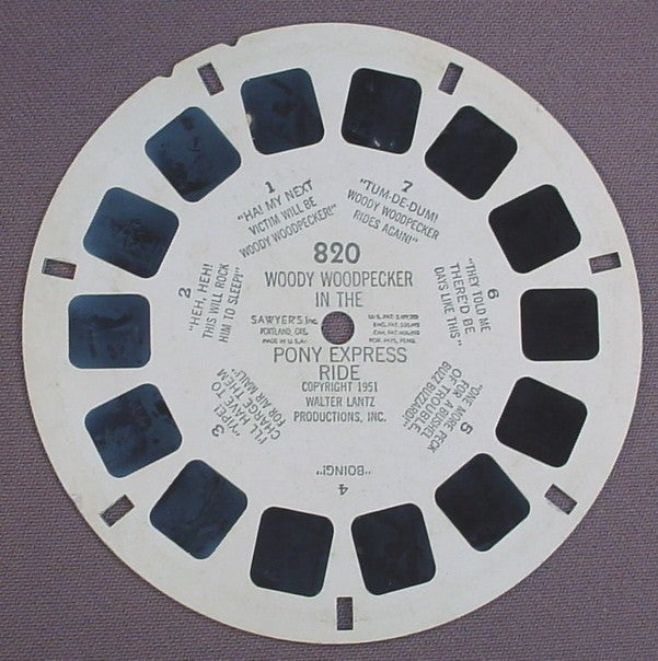 View-Master Woody Woodpecker In The Pony Express Ride, 820, 1951 Walter Lantz Prod Inc, Sawyer's Inc