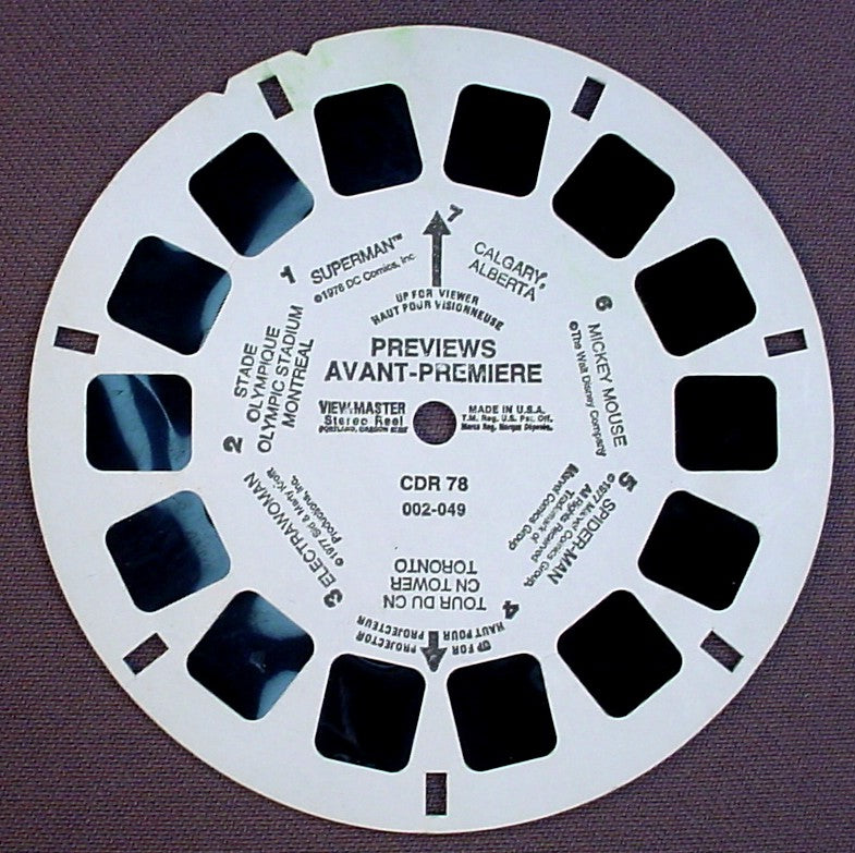 View-Master Previews, CDR 78, 002 049, CDR78, Superman, Olympic Stadium, Elactra Woman, Spider-Man