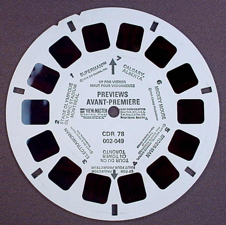 View-Master Previews, CDR 78, 002 049, CDR78, Superman, Olympic Stadium, Elactra Woman, Spider-Man