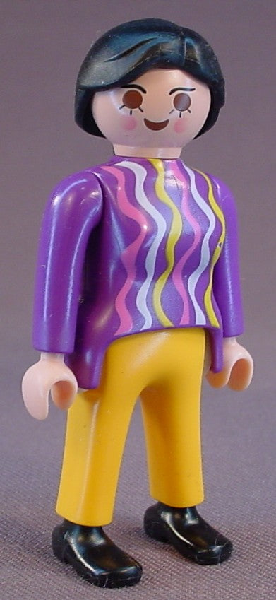 Playmobil Adult Female Figure In A Purple Sweater With Wavy Lines Pattern, Yellow Gold Pants, Long B