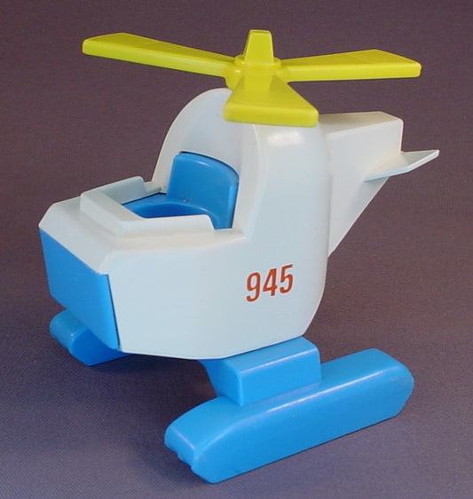 Fisher Price Vintage White & Blue Helicopter with Yellow Propeller & Hook, 945 Offshore Cargo