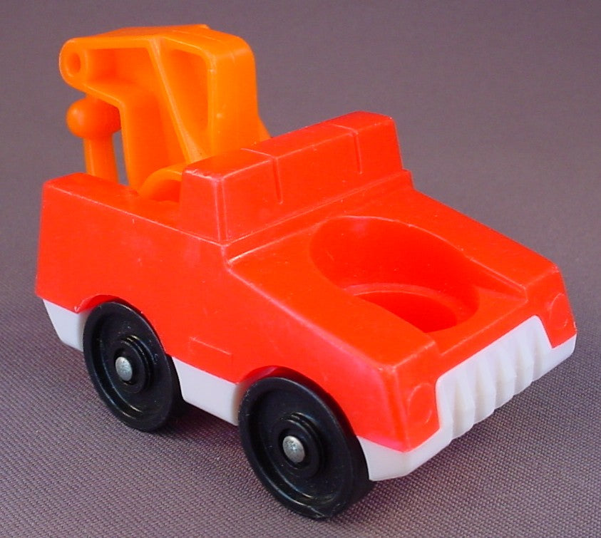 Fisher Price Vintage Red Tow Truck With Orange Boom & Hook, White Base, Single Seat