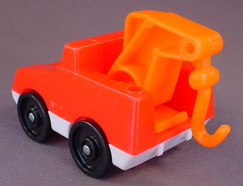 Fisher Price Vintage Red Tow Truck With Orange Boom & Hook, White Base, Single Seat