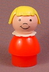 Fisher Price Vintage Girl With Yellow Bob Hair, Red Body, White Scalloped Collar, Blonde