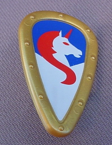 Playmobil Gold Tear Drop Shaped Shield With A White & Red Unicorn On A Blue Background, 3287 5815