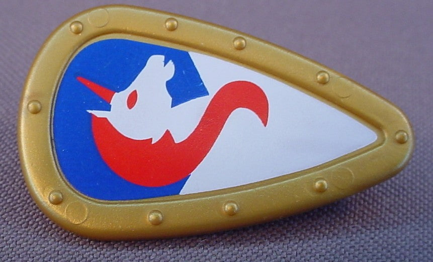 Playmobil Gold Tear Drop Shaped Shield With A White & Red Unicorn On A Blue Background, 3287 5815