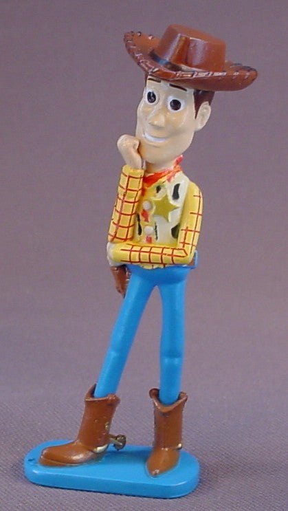 Disney Toy Story Woody Standing In A Thinking Pose PVC Figure On A Blue Base, 3 1/2 Inches Tall, Figurine