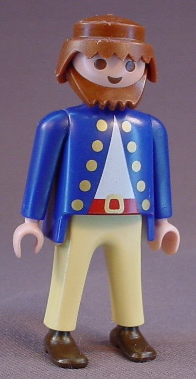 Playmobil Adult Male Pirate Figure In A Blue Coat With Gold Buttons, Light Yellow Pants, Red Belt