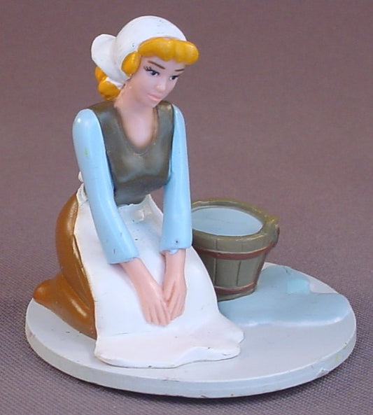 Disney Cinderella Wearing Her Work Clothes And Washing The Floor PVC Figure On A Large Round Base, Bucket Of Water