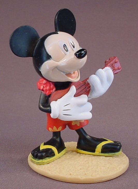 Disney Mickey Mouse In Hawaiian Shorts & Lei Playing A Ukulele PVC Figure On A Sand Base, 3 Inches Tall, Decoma