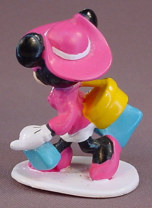 Disney Minnie Mouse In A Pink Coat & Hat Carrying Her Shopping Bags PVC Figure On A Base, 2 3/4 Inches Tall, Applause