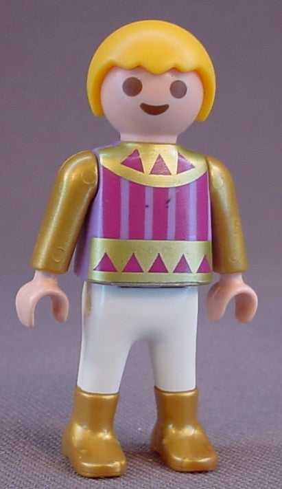 Playmobil Male Boy Child Norse Prince Figure In A Gold & Purple Shirt, Blond Hair, White Pants