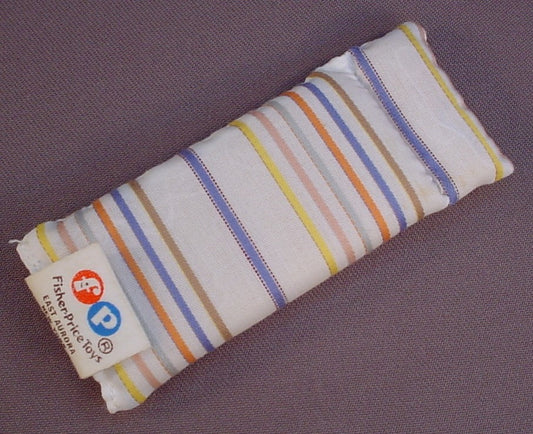 Fisher Price Vintage 250 Dollhouse White Long Single Bed Mattress With Side To Side Stripes, Has The Original Tags, 4 3/8 Inches Long, 1 3/4 Inches Wide