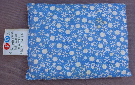 Fisher Price Vintage 250 Dollhouse Blue Foam Filled Double Mattress With A White Flower Print Design & The Original Tag, 4 Inches Long