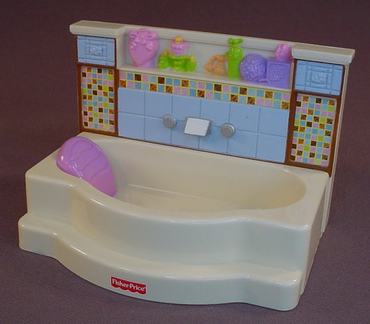 Fisher Price Loving Family Dollhouse Off White Bathtub With A Tile Wall & A Blue Back Splash, Pink Pillow In The Tub, 4 7/8 Inches Long, N7297 Bathroom