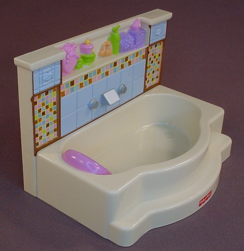 Fisher Price Loving Family Dollhouse Off White Bathtub With A Tile Wall & A Blue Back Splash, Pink Pillow In The Tub, 4 7/8 Inches Long, N7297 Bathroom