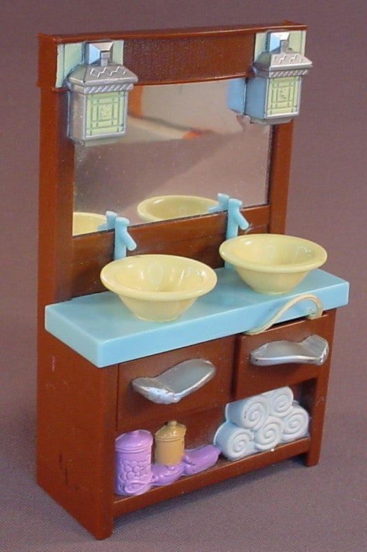 Fisher Price Loving Family Dollhouse Brown Double Sink Vanity With Mirror & Attached Hair Dryer, The Drawers Slide Out, Light Yellow Sinks, 5 1/2 Inches Tall