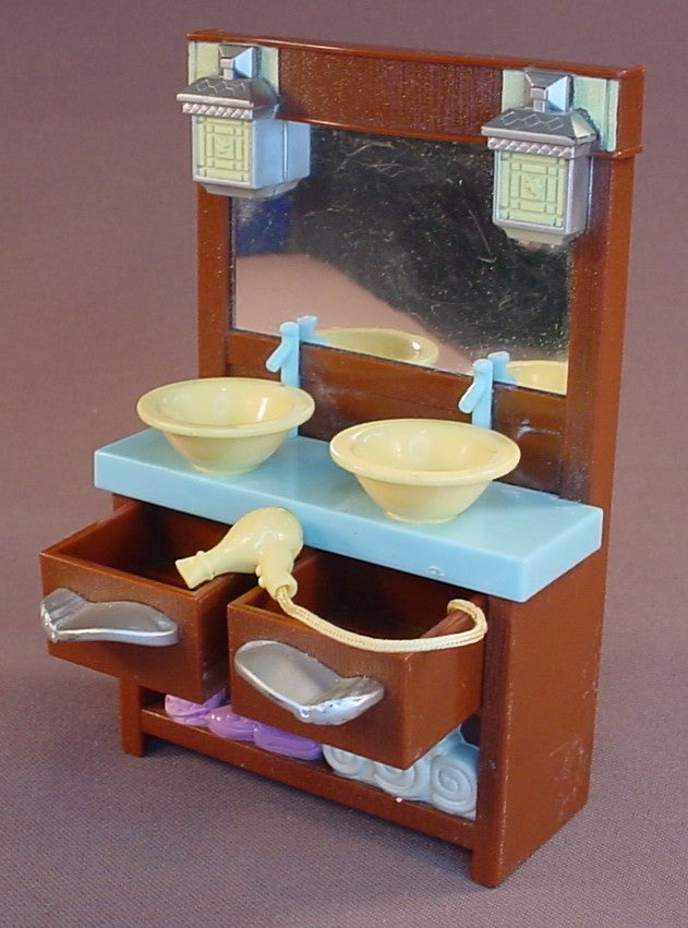 Fisher Price Loving Family Dollhouse Brown Double Sink Vanity With Mirror & Attached Hair Dryer, The Drawers Slide Out, Light Yellow Sinks, 5 1/2 Inches Tall