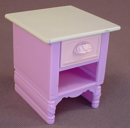 Fisher Price Loving Family Dollhouse Purple End Table With A Pink Pull Out Drawer & A Square White Top, 2 Inches Tall, 2006 Kid's Bedroom, J7489