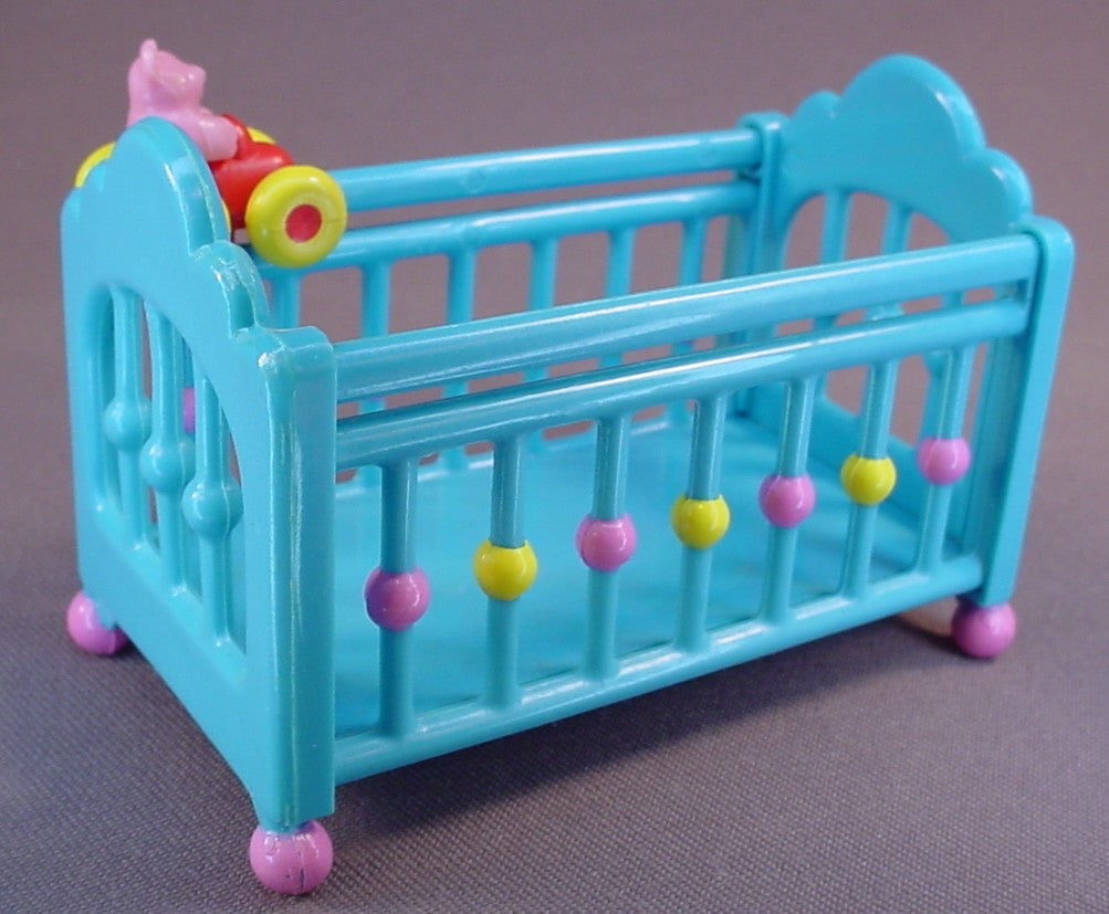 So Small Baby Blue Baby Crib With A Toy That Slides Along One Edge, 3 3/4 Inches Long, 1989 Lewis Galoob, So Small Babies