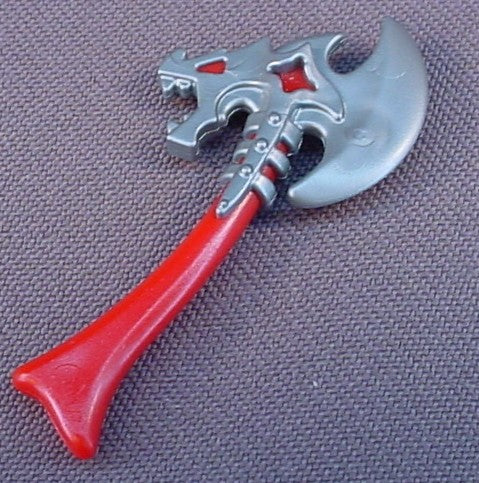 Playmobil Silver Gray Dragon Head Battle Ax With A Red Handle, Battleaxe, Weapon, 4835 4837 4838