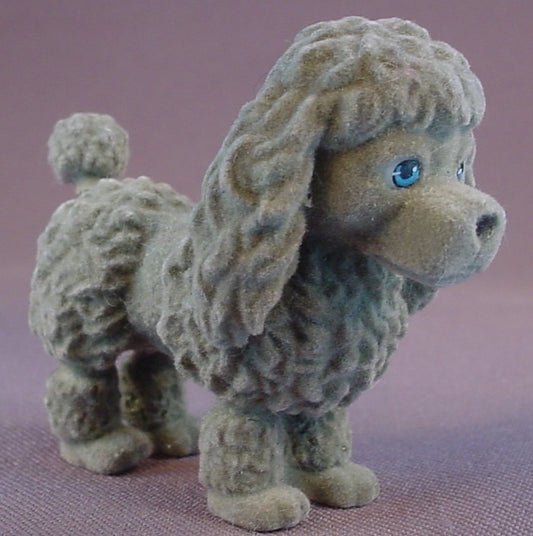 Poodle Dog Figure With Gray Flocking, Blue Eyes, 2 1/8 Inches Tall, Grey