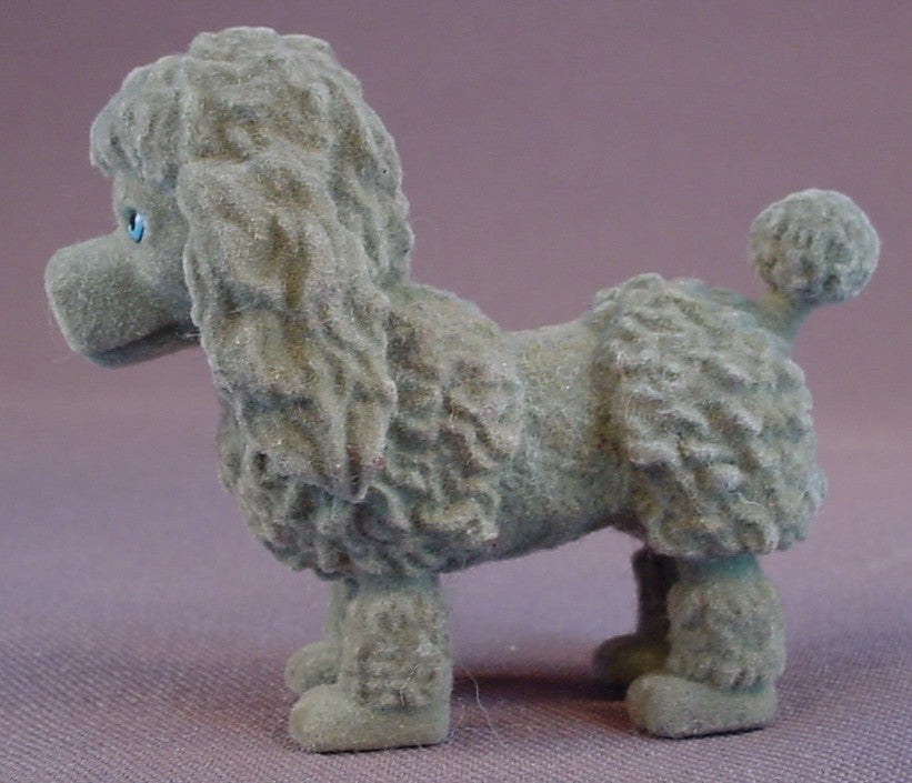 Poodle Dog Figure With Gray Flocking, Blue Eyes, 2 1/8 Inches Tall, Grey