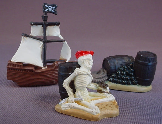 Safari Ltd Pirate PVC Figures Lot, Pirate Skeleton, Pirate Ship, Barrels Rope & Cannonballs On A Base That Is 1 3/4 Inches Long