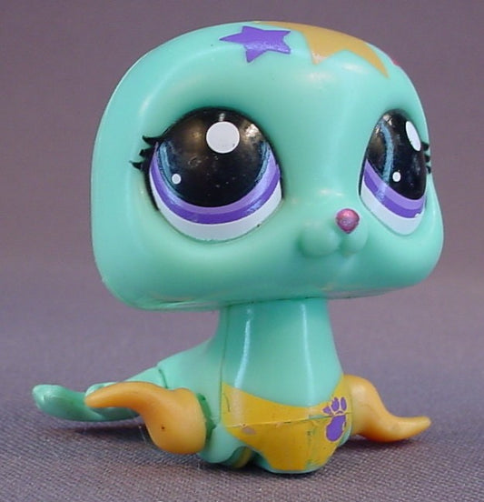 Littlest Pet Shop #2714 Teal Blue Walkables Seal With Purple Eyes & Stars On The Forehead, Uses 2 LR44 Or Equivalent Watch Style Batteries, Has Been Tested