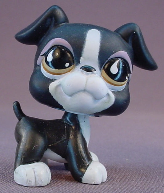 Littlest Pet Shop #826 Blemished Black & White Boxer Puppy Dog With Orange Brown Teardrop Eyes, LPS, Hasbro