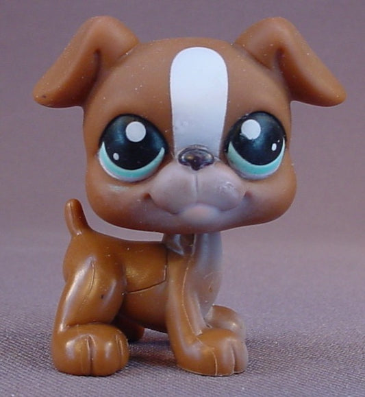 Littlest Pet Shop Blemished Brown & White Boxer Puppy Dog With Blue Green Eyes With Diamond Shapes, This Was Only Available With A Puzzle Set