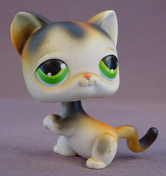 Littlest Pet Shop #27 Blemished Black Orange & Gray Calico Kitty Cat Kitten With Raised Paw & Green Eyes, Singles, LPS, 2004 Hasbro
