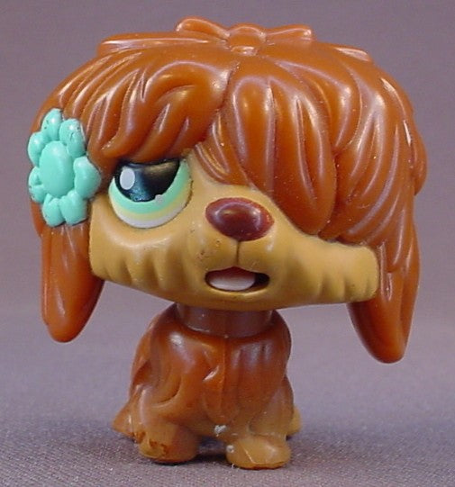 Littlest Pet Shop Magic Motion Blemished Dark Brown Sheepdog Puppy Dog With Flower, LPS, 2005 Hasbro