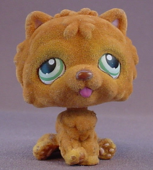 Littlest Pet Shop #332 Blemished Brown Fuzzy Or Flocked Chow Puppy Dog With Green Eyes, Light Wear To The Flocking, Portable Pets