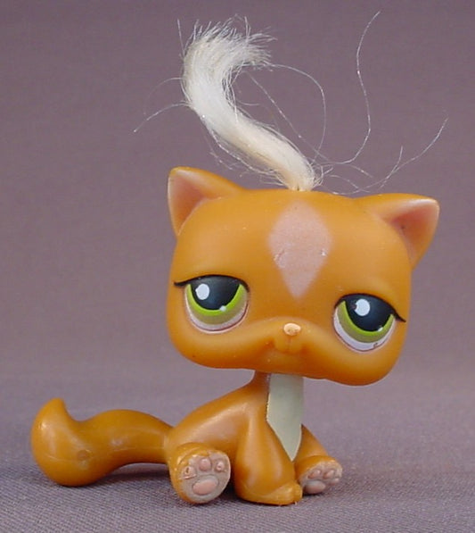 Littlest Pet Shop #226 Blemished Orange Kitty Cat Kitten With Green Eyes, Tuft Of Real Hair, Diamond Shaped Pattern On The Forehead