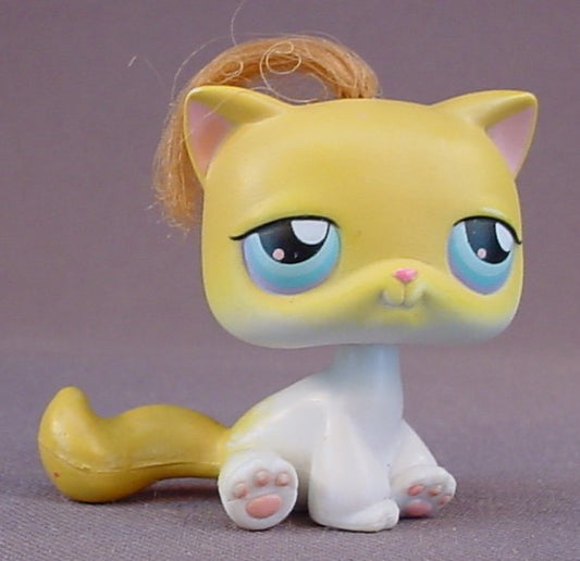 Littlest Pet Shop #277 Blemished Light Yellow & Tan Kitty Cat Kitten With Purple Eyes, Brown Tuft of Real Hair, Valentines