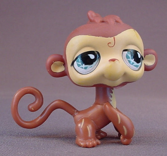 Littlest Pet Shop #485 Blemished Brown Baby Monkey Or Chimpanzee With Tan Stripes On Legs, Fancy Blue Eyes With Tear Drops