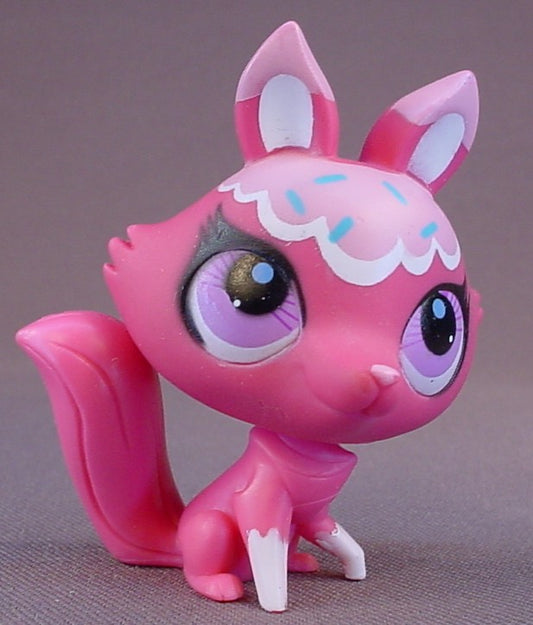 Littlest Pet Shop #3000 Blemished Hot Pink Fox With Fancy Purple Eyes, White Spots On The Back Of The Head & Tail, Has A Lace Style Pattern