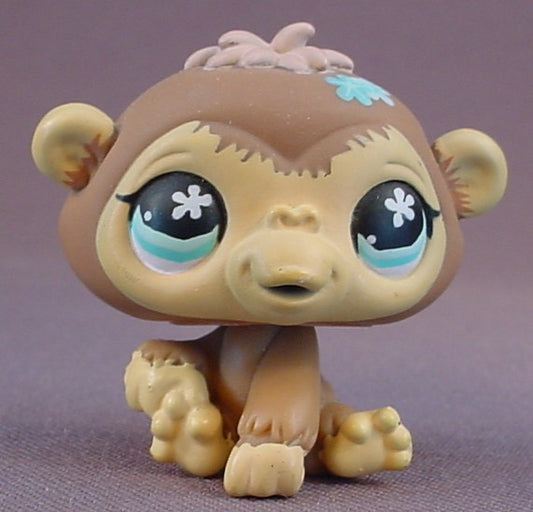 Littlest Pet Shop #486 Blemished Light Brown Monkey Or Chimpanzee With Blue Snowflake Eyes, Blue Snowflakes On The Head