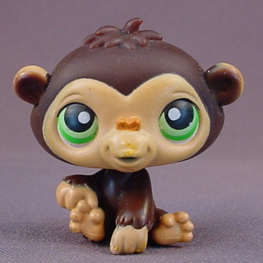 Littlest Pet Shop #223 Blemished Dark Brown Baby Gorilla Ape Monkey Chimp With Green Eyes, In The Picture Pets, 3 Pack, 2006 Hasbro