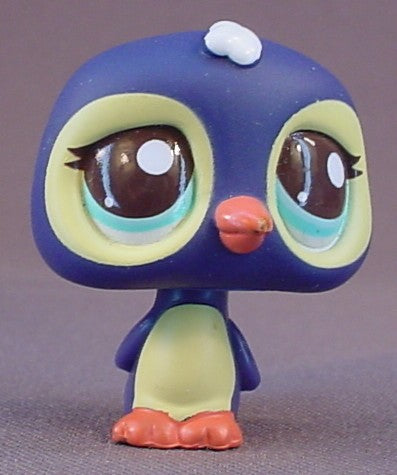 Littlest Pet Shop #2495 Blemished Dark Blue Penguin Bird With Light Blue Eyes, Yellow Around The Eyes & On The Tummy