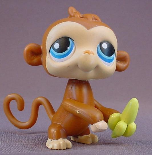 Littlest Pet Shop Blemished Push N Play Brown Monkey With Banana & Blue Eyes, LPS, 2005 Hasbro