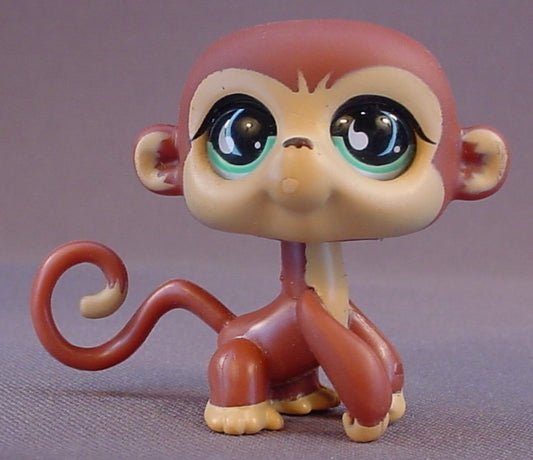 Littlest Pet Shop #655 Blemished Brown & Tan Monkey With Teardrop Aqua Green Realistic Glass Style Eyes, Curly Tail, Sportiest Pets