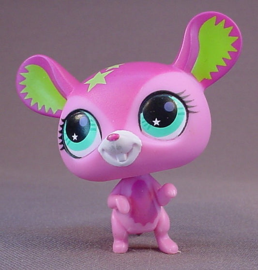 Littlest Pet Shop #2731 Blemished Pink & Purple Mouse With Blue Green Eyes, Bright Green Stars On The Head, Bright Green Inside The Ears