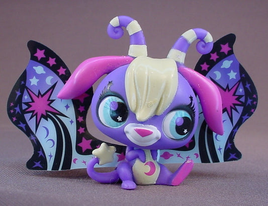 Littlest Pet Shop #2826 Blemished Star Ray Fairy With Fancy Blue Eyes, Purple With Yellow Hair, Pink Ears, Purple Blue & Black Wings