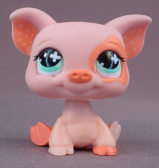 Littlest Pet Shop #1220 Blemished Pink Pig With Aqua Blue Green Eyes, Peach Ring Around One Eye, Dots Inside The Ears