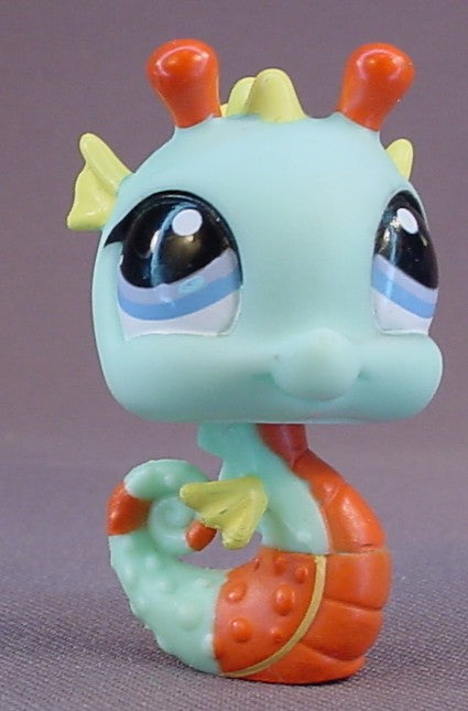 Littlest Pet Shop #1566 Blemished Teal Blue Seahorse With Blue Eyes, Orange Tummy & Horns, Yellow Fins, Sea Horse, Tubes, LPS, 2006 Hasbro
