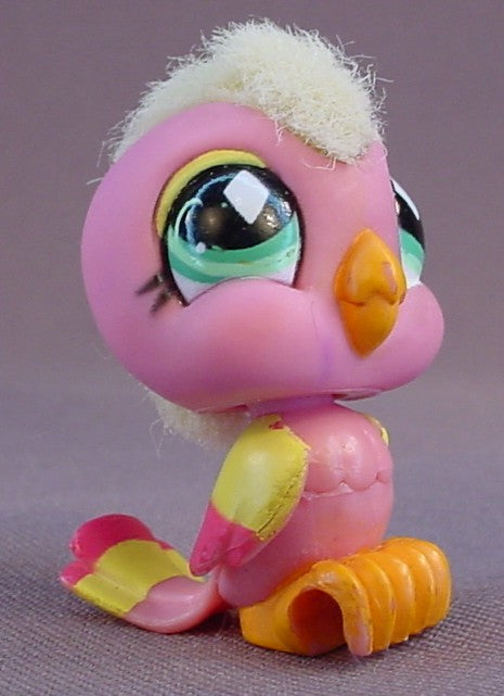 Littlest Pet Shop #489 Blemished Pink Cockatoo Bird With Fuzzy Yellow Crest & Green Eyes, Diamond Design In The Eyes, Cockatiel