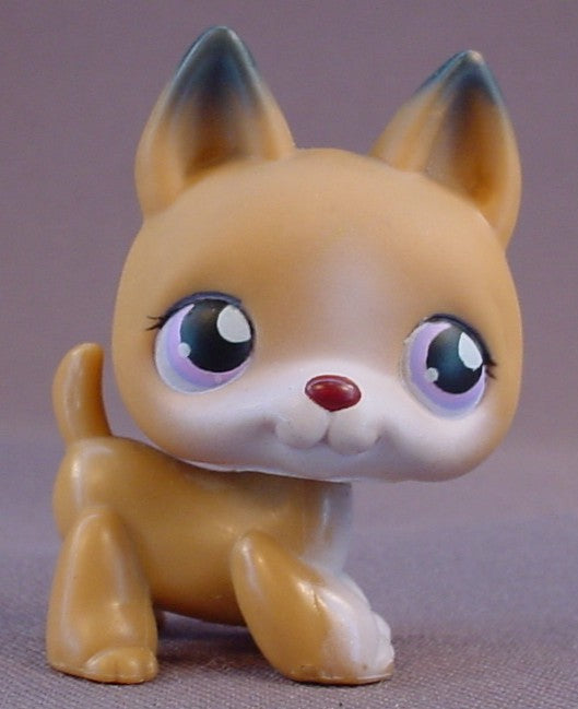 Littlest Pet Shop #112 Blemished German Shepherd Puppy Dog With Purple Eyes, The Ears Have Gray Tips, Get Better Center