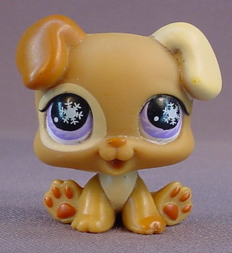 Littlest Pet Shop #760 Blemished Tan Brown Baby Boxer Puppy Dog With Purple Snowflake Eyes, Has A Cream Ring Around One Eye